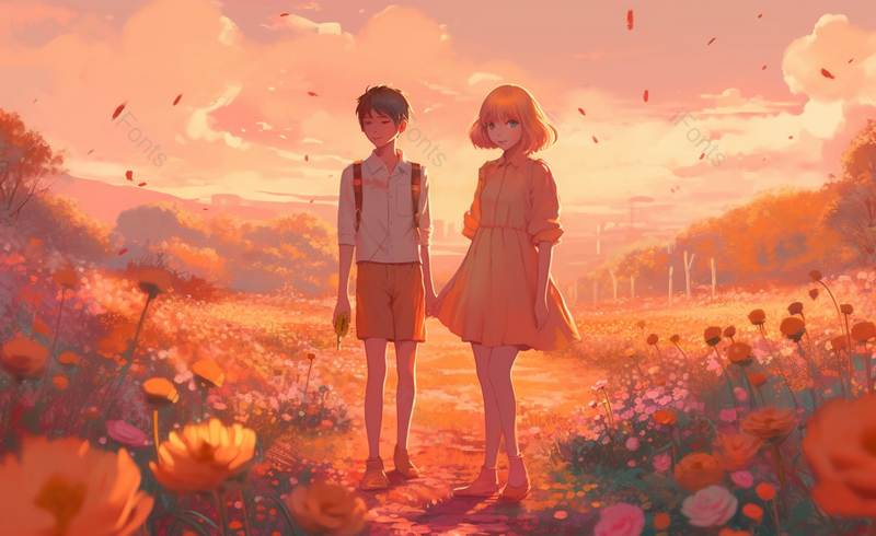 唯美黄昏下情人节情侣花丛约会插画,插画/手绘图,插画/手绘图库,插画/手绘图下载,插画/手绘